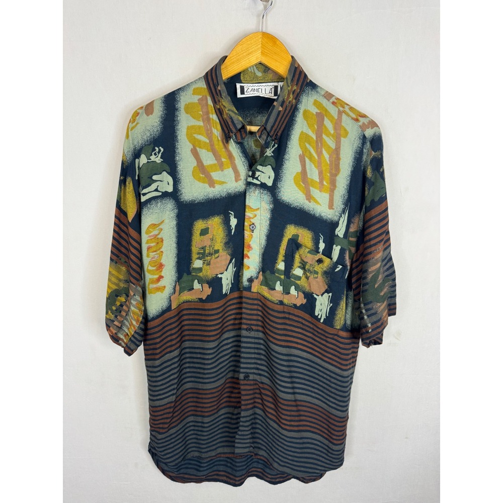 Zanella Vintage Mens Large Rayon Abstract Geometric Striped Button Down Shirt
